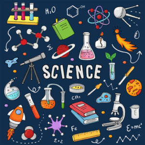 Ein gezeichnetes Bild mit unterschiedlichen Symbolen aus dem Chemielabor, in der Mitte steht das Wort "Science"